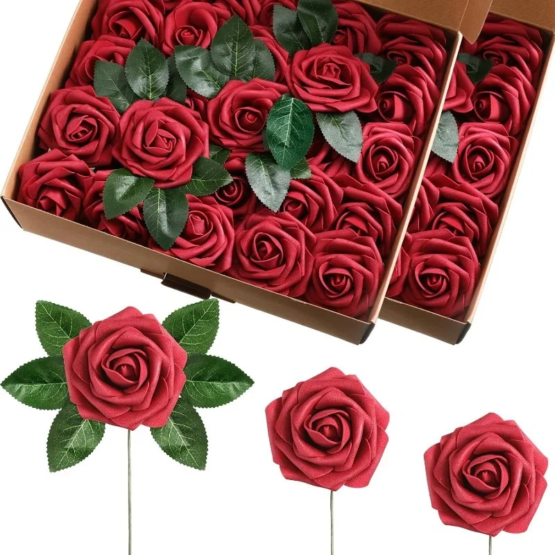 25Pcs Plastic Artificial Flower With Stems Leaf Rose Head DIY Crafts Gift Home Room Decor Wedding Decoration Navidad Accessories