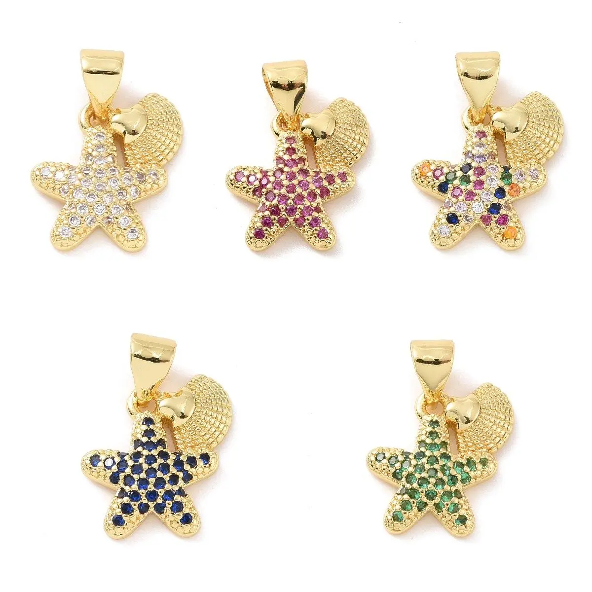 

Pandahall 5Pcs Starfish with Shell Brass Micro Pave CZ Cubic Zirconia Pendants Metal Charms For Necklace Jewelry Making Gift