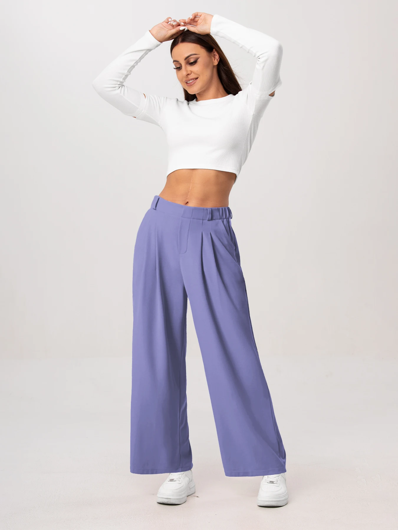 Damenhose, karierte, figurbetonte Hose mit weitem Bein und Taschen, hochtaillierte, lässige, figurbetonte Hose mit weitem Bein für Damen. – Detail 4