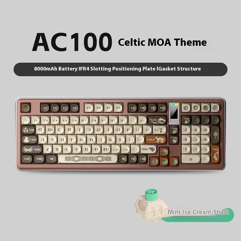 AJAZZ AK100 MAX mechanisch gamingtoetsenbord met Keltisch thema, aluminium behuizing, 98 toetsen, drie-standenverbinding, LDG-kleurenscherm, Gasket-structuur, 5-laags geluidsdempende vulling,