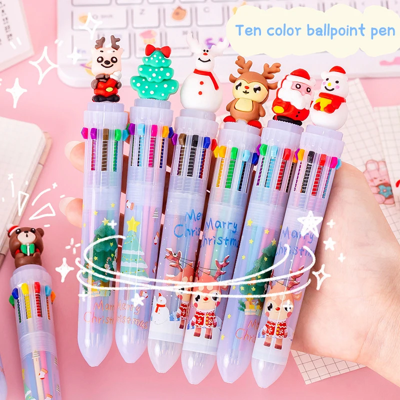 Cartoon Christmas 10 Colors Ballpoint Pen Colorful Ink Pressing Gel Pen Kawaii Student Stationery School Office Supplies Gifts