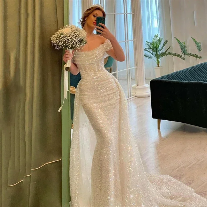 Robe de Soirée de Forme Sirène à Paillettes Blanches, Tenue de Mariage Formelle à Manches Courtes, Style Arabe de Dubaï, pour Patients, Quelle que soit la Collection 2023