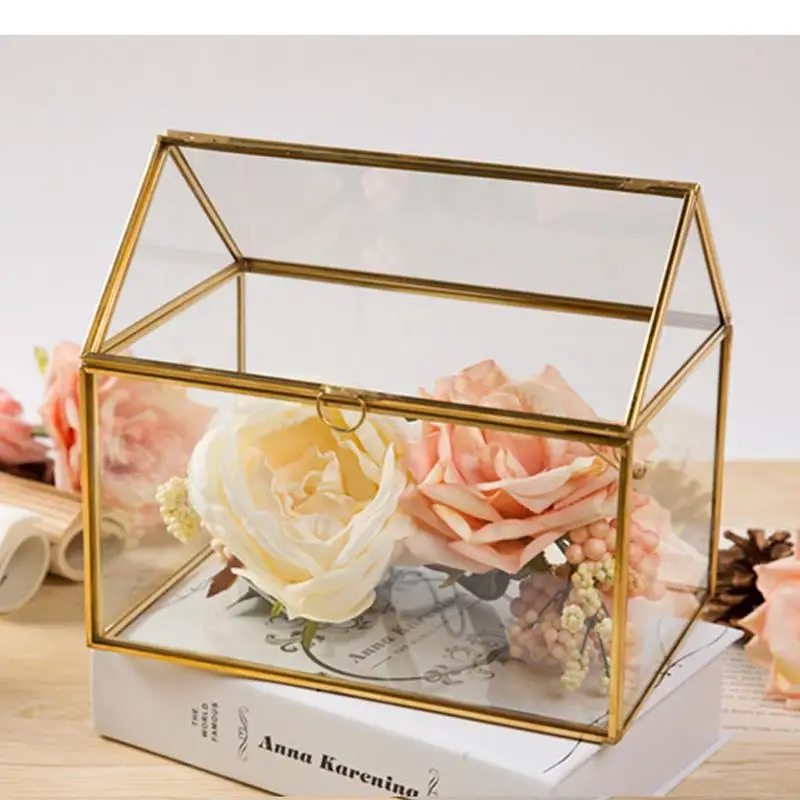 Transparent Glass Storage Box Wedding Card Boxes House Shape Jewelry Vanity Decorative Display Stand Organizer