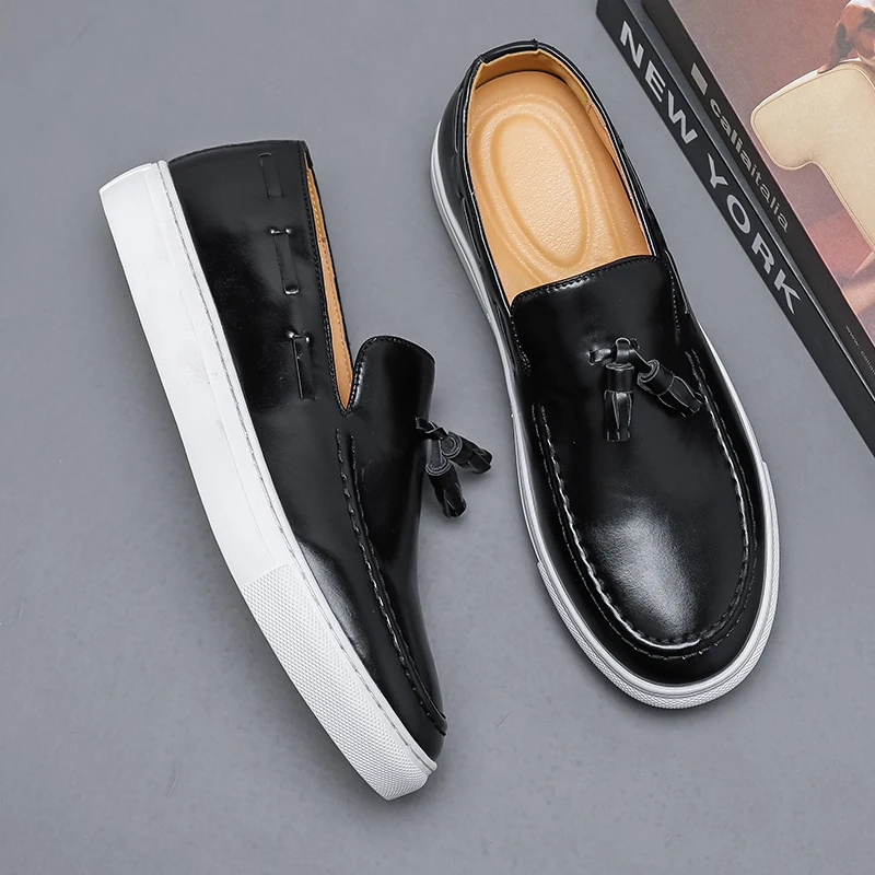 

2025 Fashion Brand Men's Leather Casual Shoes Simple Black Commuting Work Shoes Thick Soled Men's Loafers Big Size:38-48