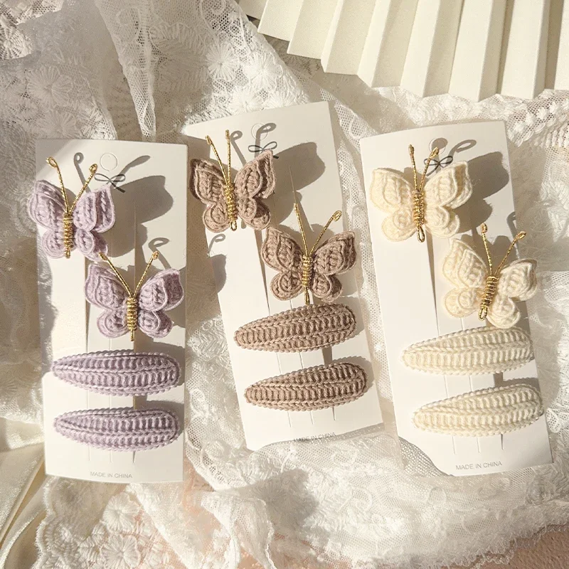 4 шт., милые и милые детские заколки для волос, шерстяные вязаные головные уборы ручной работы, вязаные крючком бабочки из сплава, детские заколки для волос, оптовая продажа