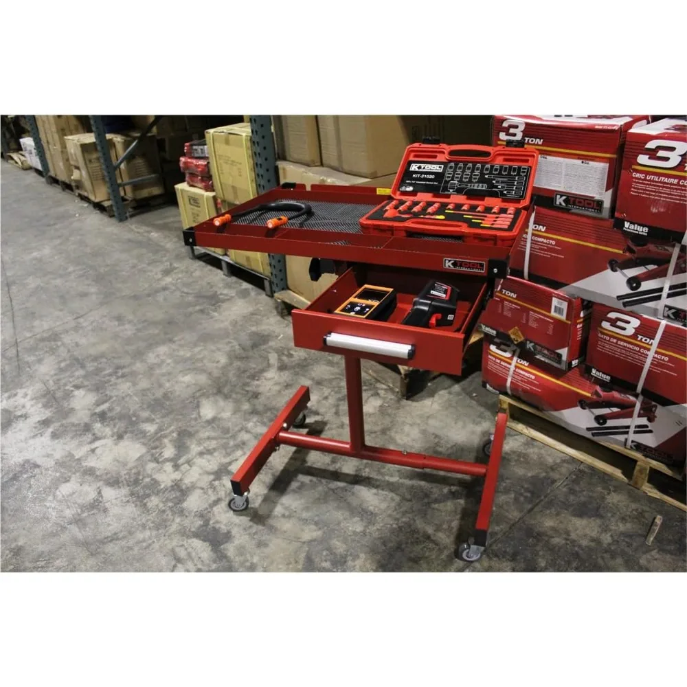 Adjustable Portable Work Table with Drawer for Garages and Repair Shops, DIY Friendly, Swivel Wheels for Easy Movement