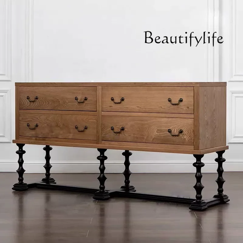 American contrasting color solid wood dining side cabinet villa living room storage French retro restaurant tableware storage