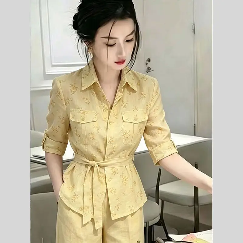 New High Quality Summer Women's Matching Sets Fashion Design Laple Half Sleeve Shirt Top + Wide Leg Pants Two Piece Suit Elegant
