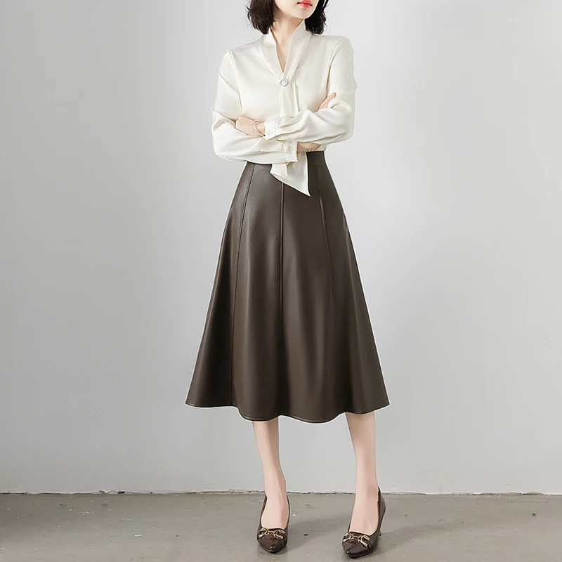 Jupes trapèze classiques en Faux cuir PU pour femmes, café noir, nouvelle collection printemps-automne 2026, taille haute, couleur unie, Chic, parapluie, jupes de bureau