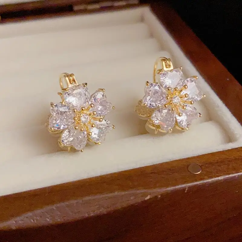 Gorgeous Gold-Plated Copper Silver Needle Hypoallergenic Zircon Double-Sided Flower Earrings for Women Girls Wholesale