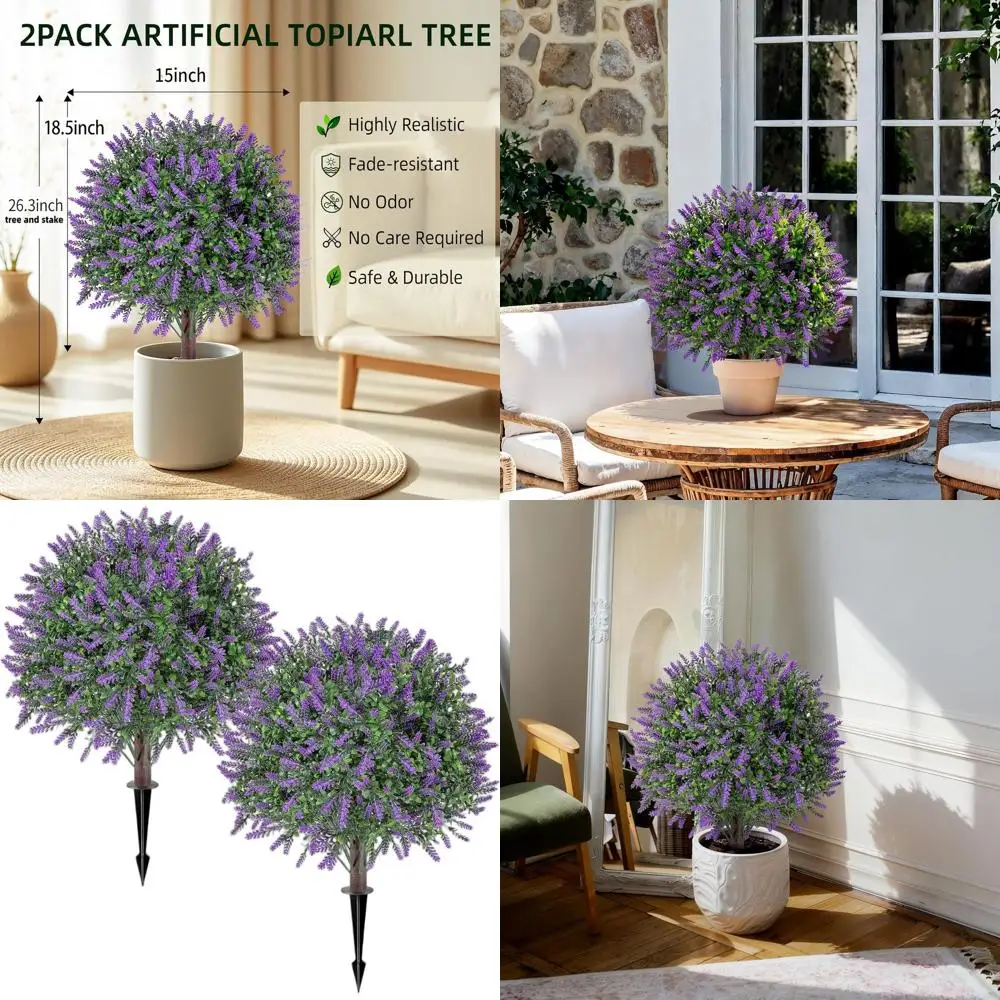 26.3 Artificial Evergreen Lavender Topiary Ball Bush with Ground Spike for Outdoor Garden, Yard, Patio, Porch, and Office Decor
