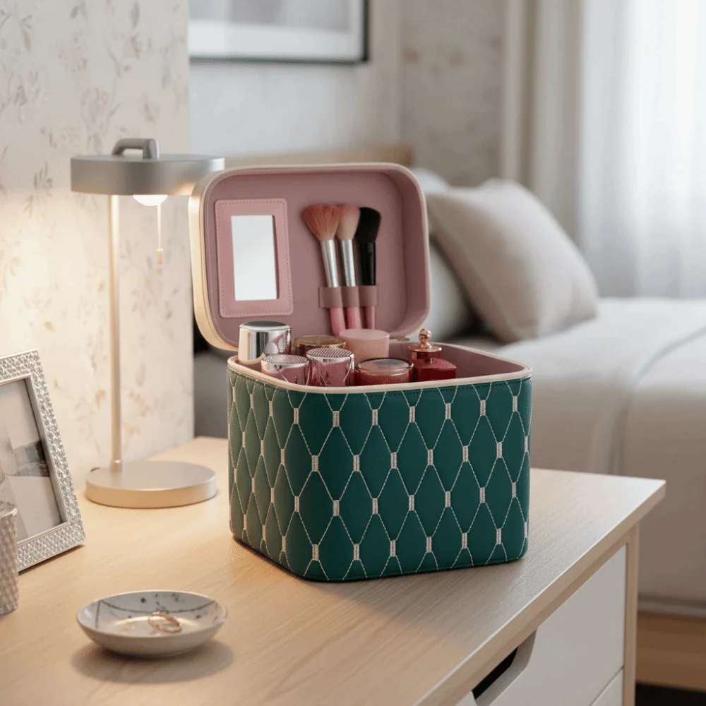 

PU Leather Cosmetic Bag Waterproof Anti-crush Cosmetic Storage Box with Mirror Large Capacity Makeup Bag Travel