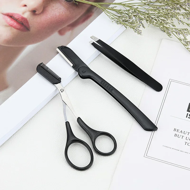 3pcs Foldable Stainless Steel Eyebrow Trimmer Kit Eyebrow Scissors Comb Eye Brow Shaper Face Razor Hair Remover Makeup Tools
