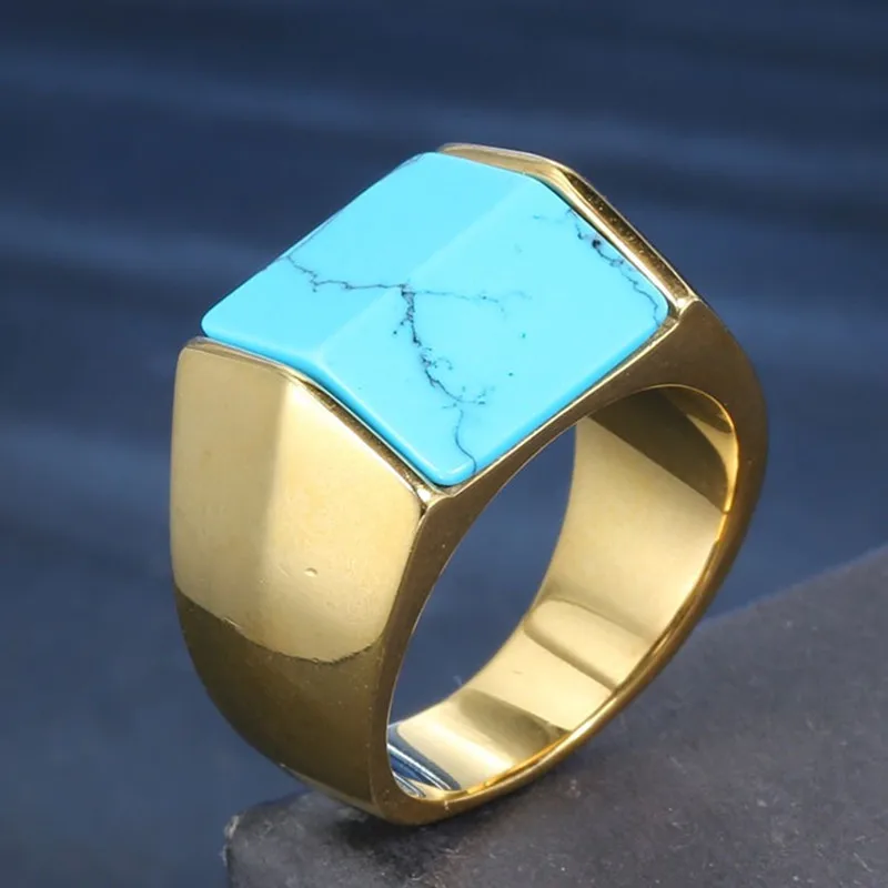 Geometric Natural Blue Turquoise Stones Titanium Rings for Men Concise Trendy Stainless Steel Finger Bands Masculine Accessories