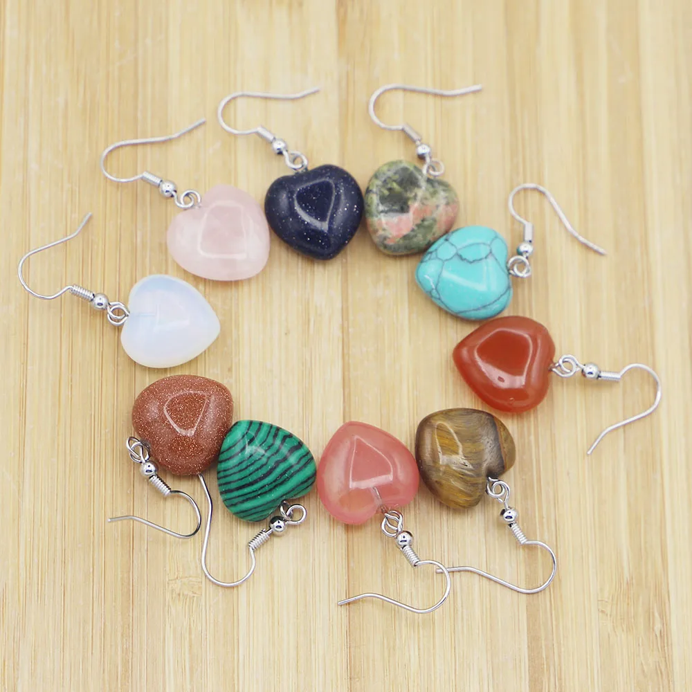 Natural Opal Creative Heart-shaped Earrings Multi-color Love Jewel Ear Hook Simple Temperament Charm Jewelry Wholesale 10 Pair