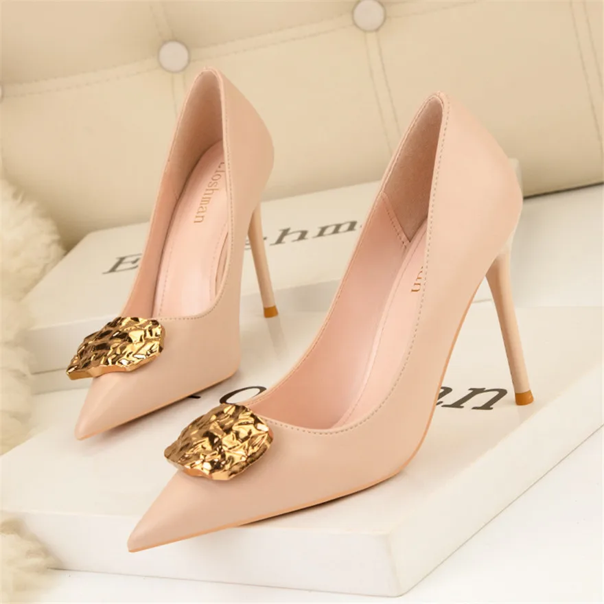 6cm/9.5cm High Heels Women Pumps Autumn Soft Leather Stiletto Sexy Party Shoes 2024 Black Ladies Pointed Metal Buckle Work Shoes