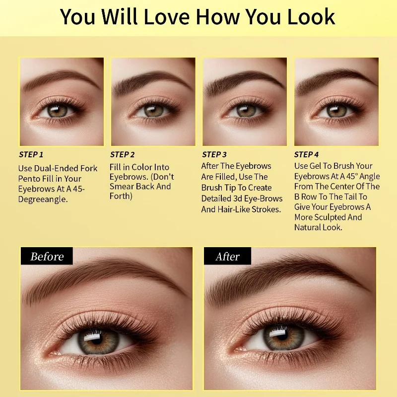 Lápis de sobrancelha de quatro garras 2 em 1, caneta de sobrancelhas com gel de vedação, maquiagem de sobrancelha para sobrancelhas mais cheias de aparência real, brilho de inverno