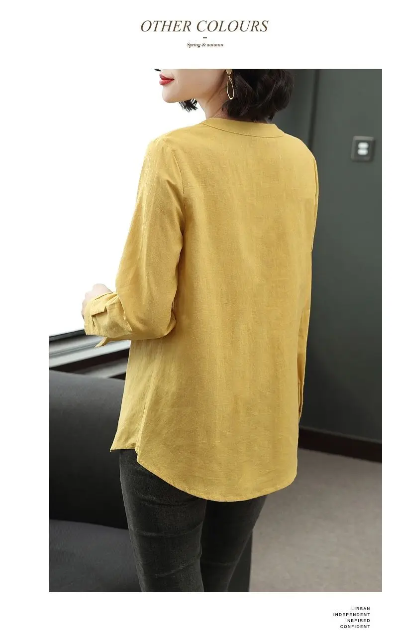 Cotton and Linen Shirt Women\'s Long Sleeved Loose Fit 2024 New Spring Outfit Stand Up Collar Fashionable Casual Linen Tops