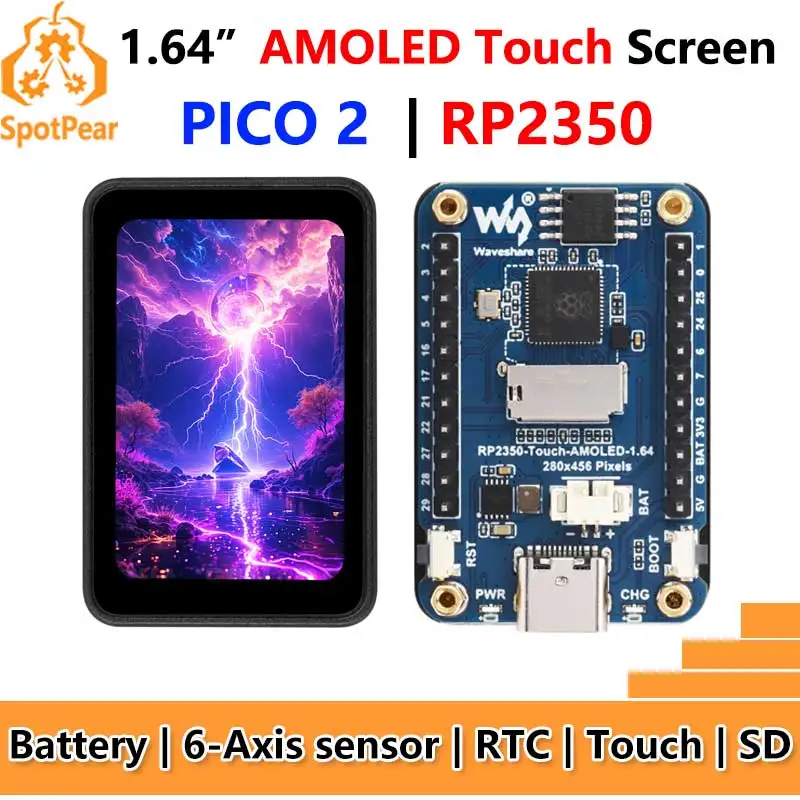 Raspberry Pi Pico 2 RP2350 1.64 inch AMOLED Development Board Display TouchScreen 280x456 QMI8658 IMU QSPI Waveshare 1.64inch