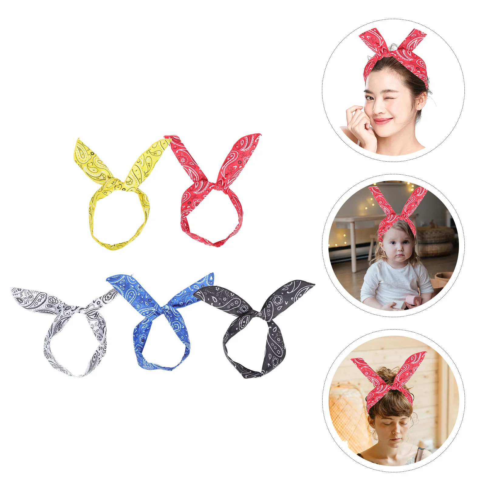 

5Pcs Paisley Wire Bunny Ears Headbands Stylish Twisted Bow Hairbands for Women Fashion Creative Photo Props Party Accessories