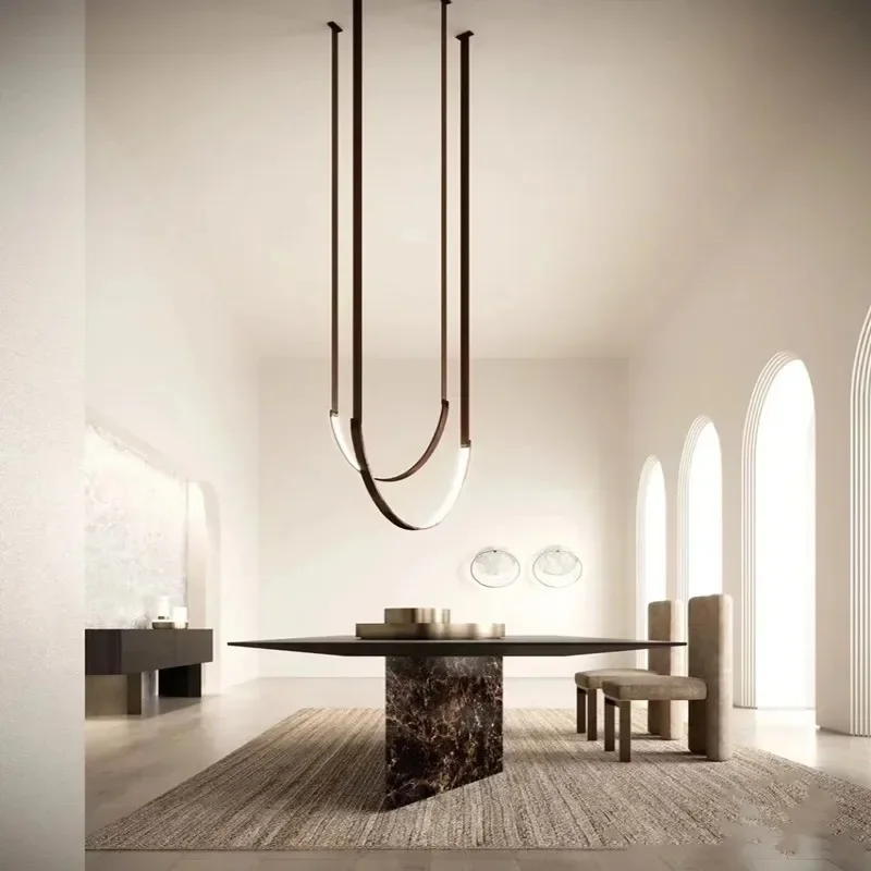 

Nordic U-shaped LED long leather pendant light hallway living room dining table villa staircase pendant light