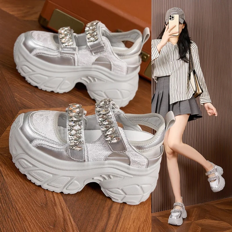 

Женские летние модные туфли Мэри Джейн на платформе 9 см со стразами и застежкой на липучке