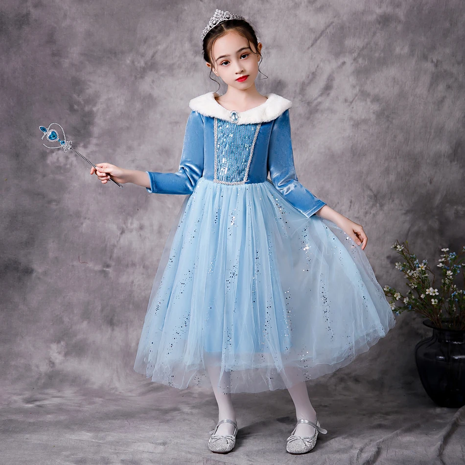 Elsa Snow Queen Long Sleeve Kid Princess Dress Girl Cosplay Christmas Halloween Birthday Party Autumn Winter Performance Costume