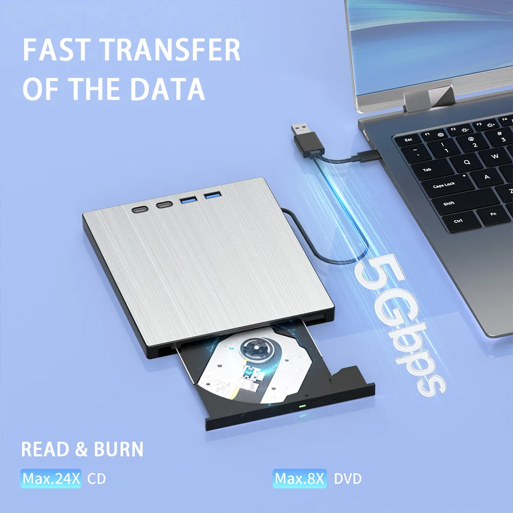 7-in-1 External CD/DVD Drive USB 3.0 Type-C DVD CD Disc Player Reader Burner with SD/TF Card Slot USB Ports for Laptop PC