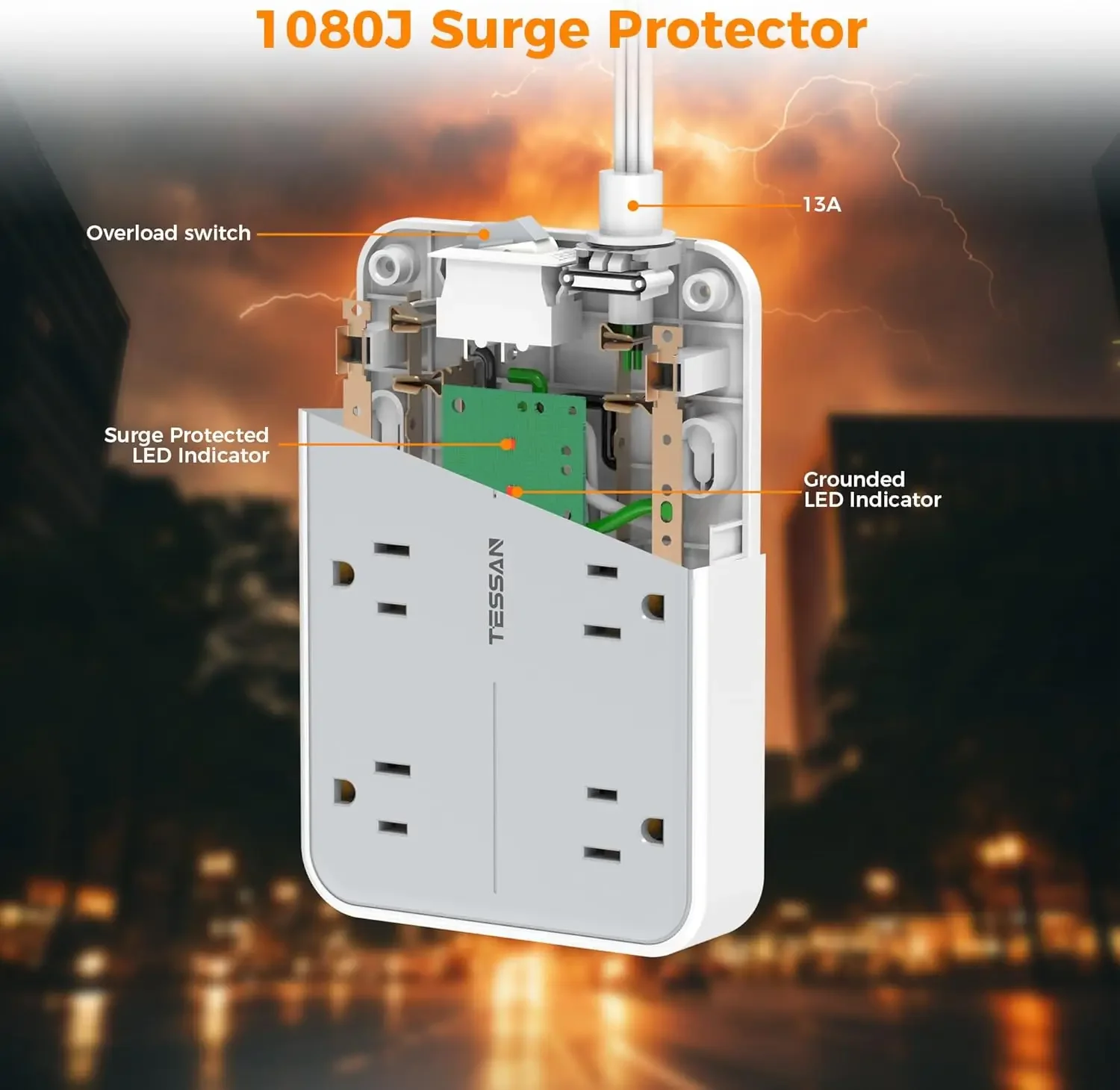 شريط طاقة متعدد التوصيل من تيسان مع 6 منافذ تيار متردد و3 شاحن تمديد مسطح USB بطول 10 أقدام مع حماية من زيادة التيار للمكتب المنزلي