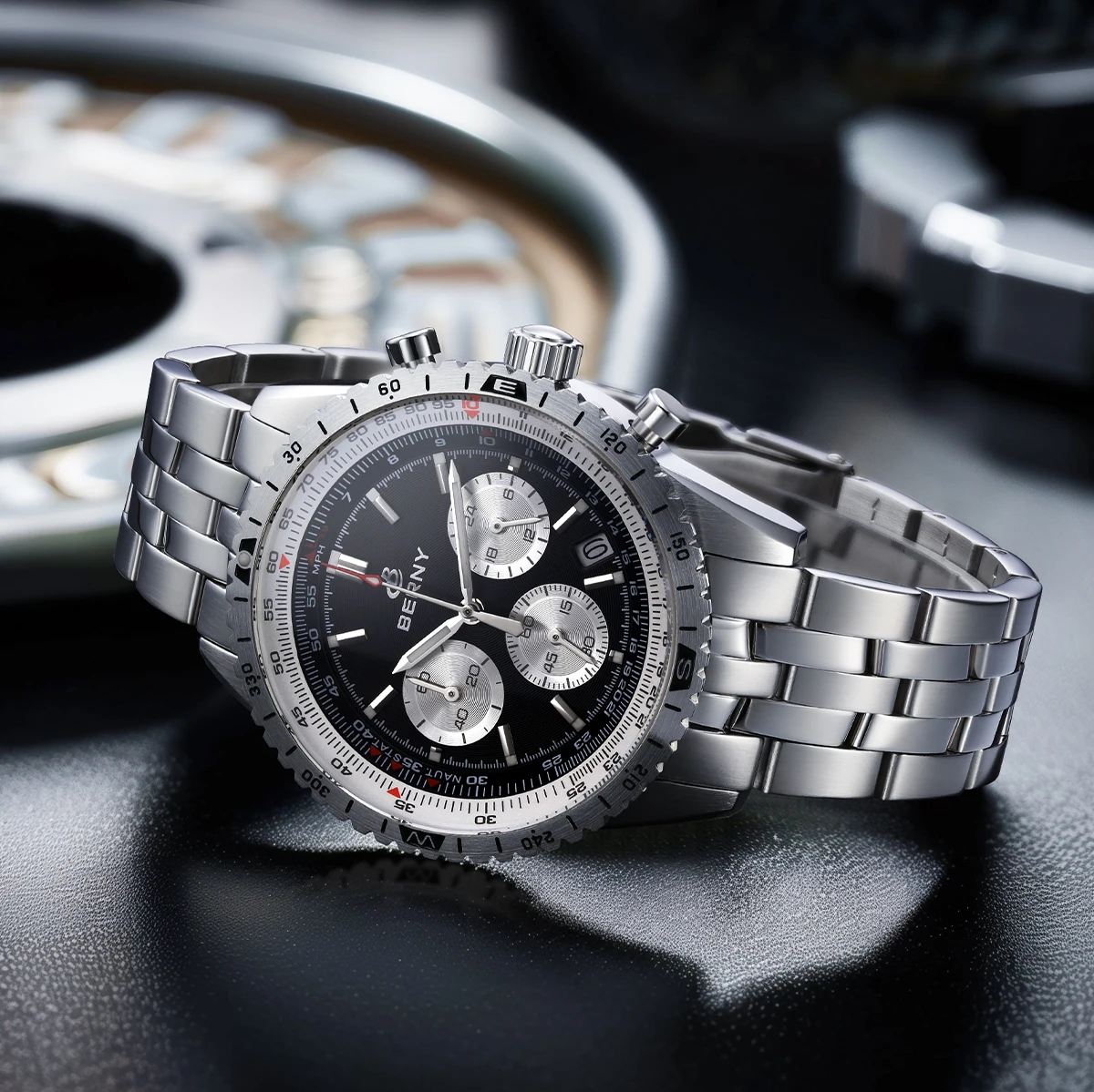 BERNY Aviation Herrenuhren Quarz Chronograph Uhr Datum Saphir Super Leuchtend Luxusmarke Dress Herren Armbanduhr – Detail 13