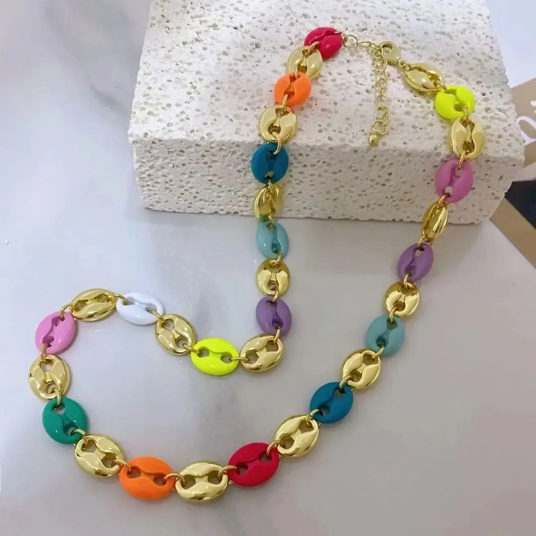 

3PCS, New Fashion Classical Design Colorful Summer Necklace Gold Plated Chain Choker Women Party Gift Jewelry