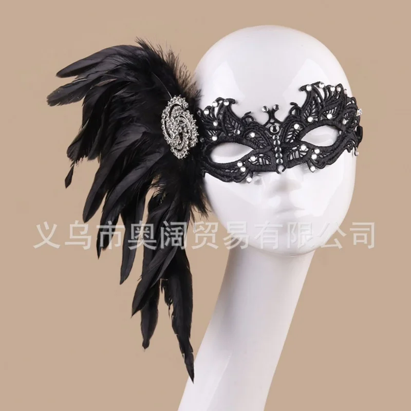 

Hot-Selling Oku Feather Pearl Mask Halloween Party Stage Performance Black Face Covering Mask