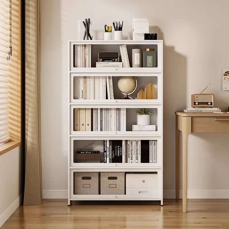 Steel bookcase with glass door Children's bookshelf Home living room locker Dust-proof display cabinet Wrought iron shelf