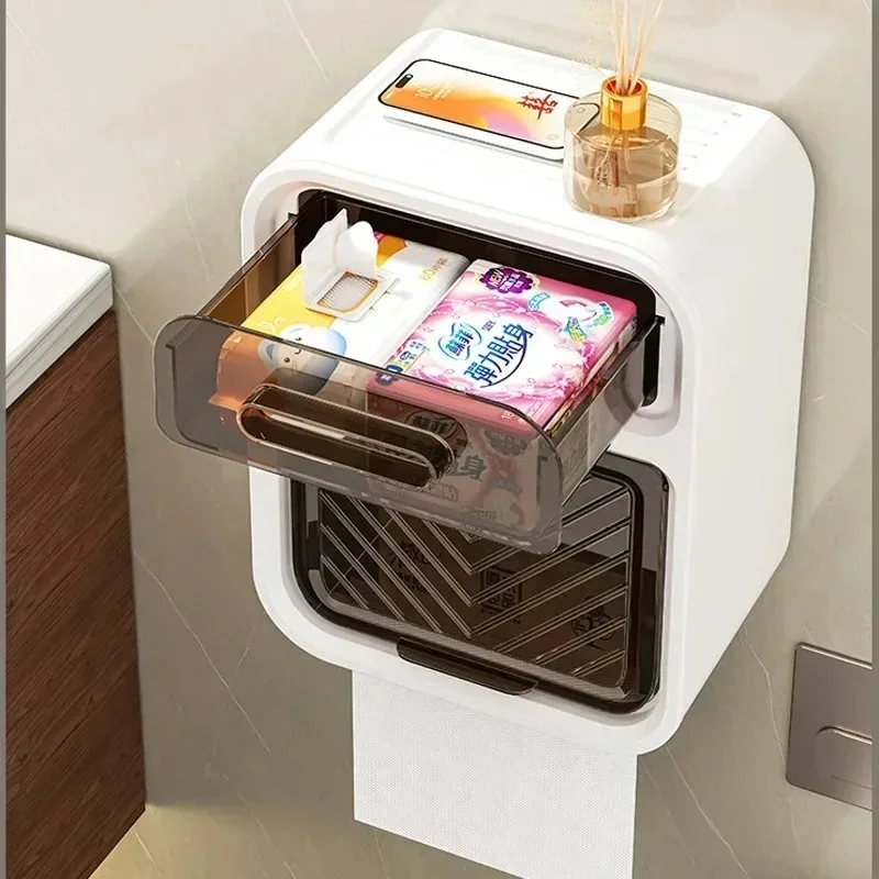 Multifunctional Toilet Paper Storage Box Double Layer Wall Mounted Punch-Free Waterproof Drawer Tissue Holder Bathroom Supplies