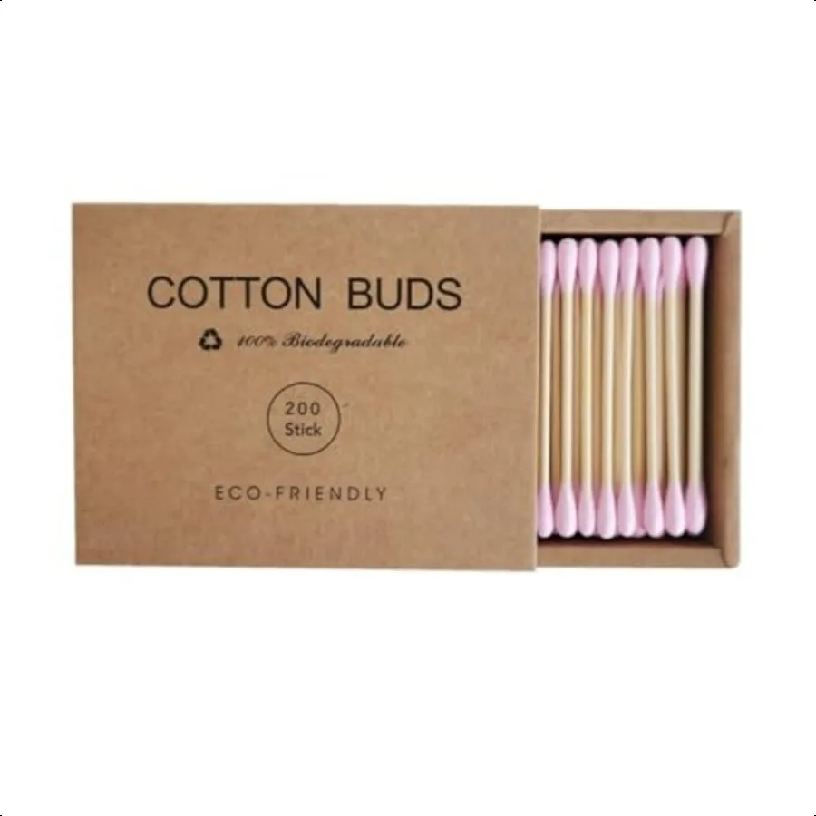 Pink Cotton Swabs 200pcs Natural Cotton Buds Biodegradable Organic Double Tips for Ear Wax Removal 200PCsPink