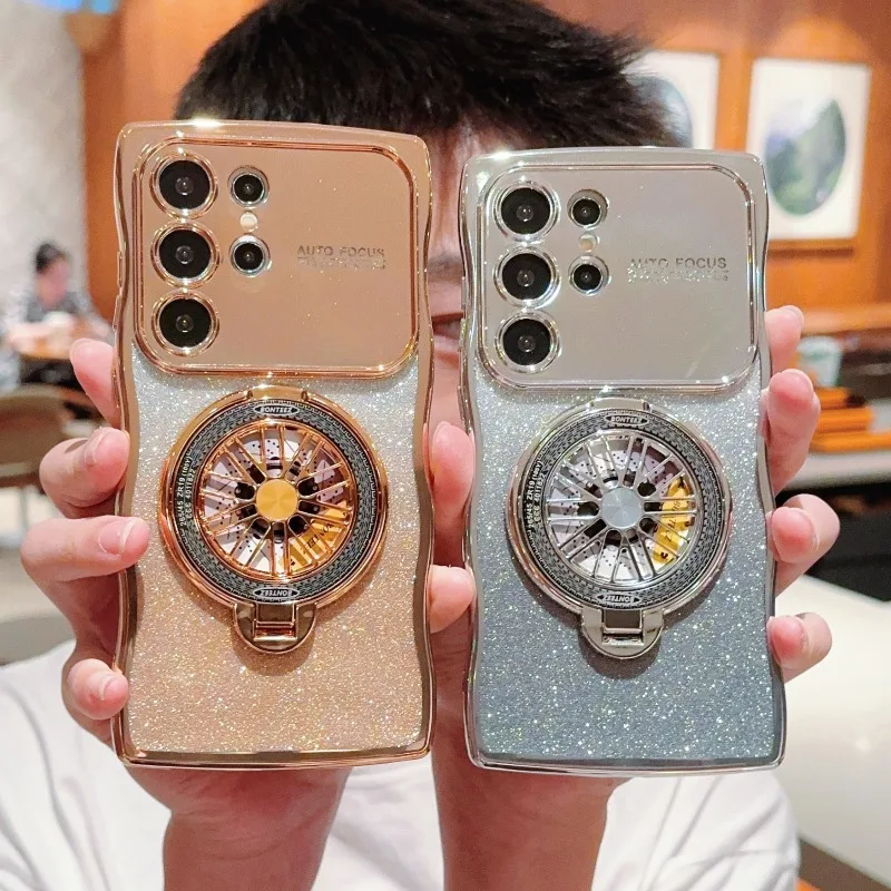For Samsung Galaxy S25 ULTRA S25 FE S24 Plus S24 S23 S22 Glitter Shockproof Holder Case Magnetic Gyro Bracket Soft Cover