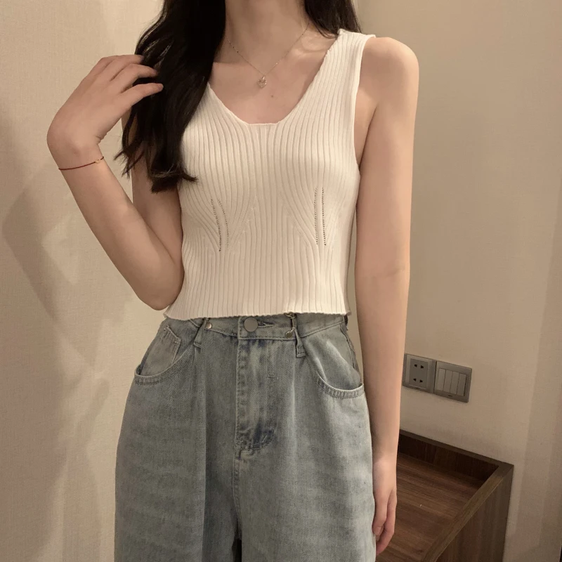 Boring Honey Crop Top Women Solid Color Chic Sling Vest Summer Base Shirt All-Match Women Clothing V-Neck Knitting T-Shirt