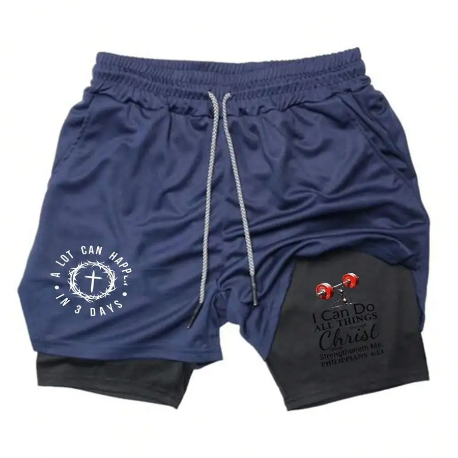 

Mens 2 In 1 Sports Shorts With Bible Verse Print Quick Dry Breathable Gym Running Shorts