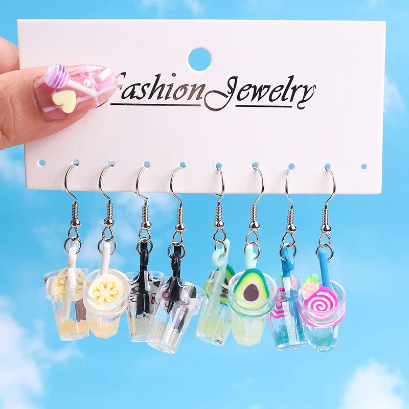 

4 pairs Summer Simulation Drinks Drop Earrings for Women Girls Fruit Juice Earrings Kid's Jewelry Gifts