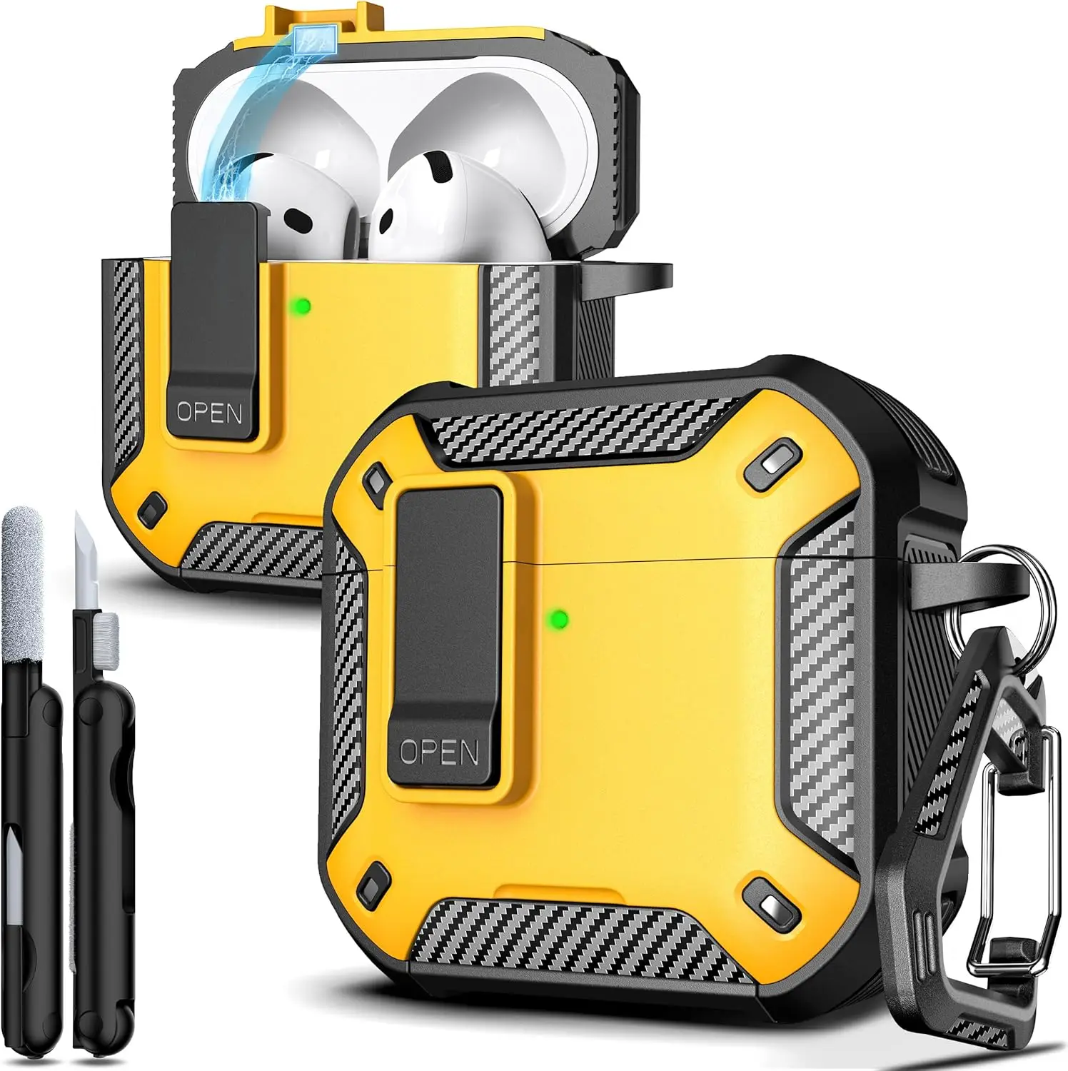 Étui pour AirPods 4 avec éléments en fibre de carbone, protection militaire anti-chute, couvercle à ouverture automatique et kit de nettoyage pour hommes, étui pour écouteurs AirPods 4