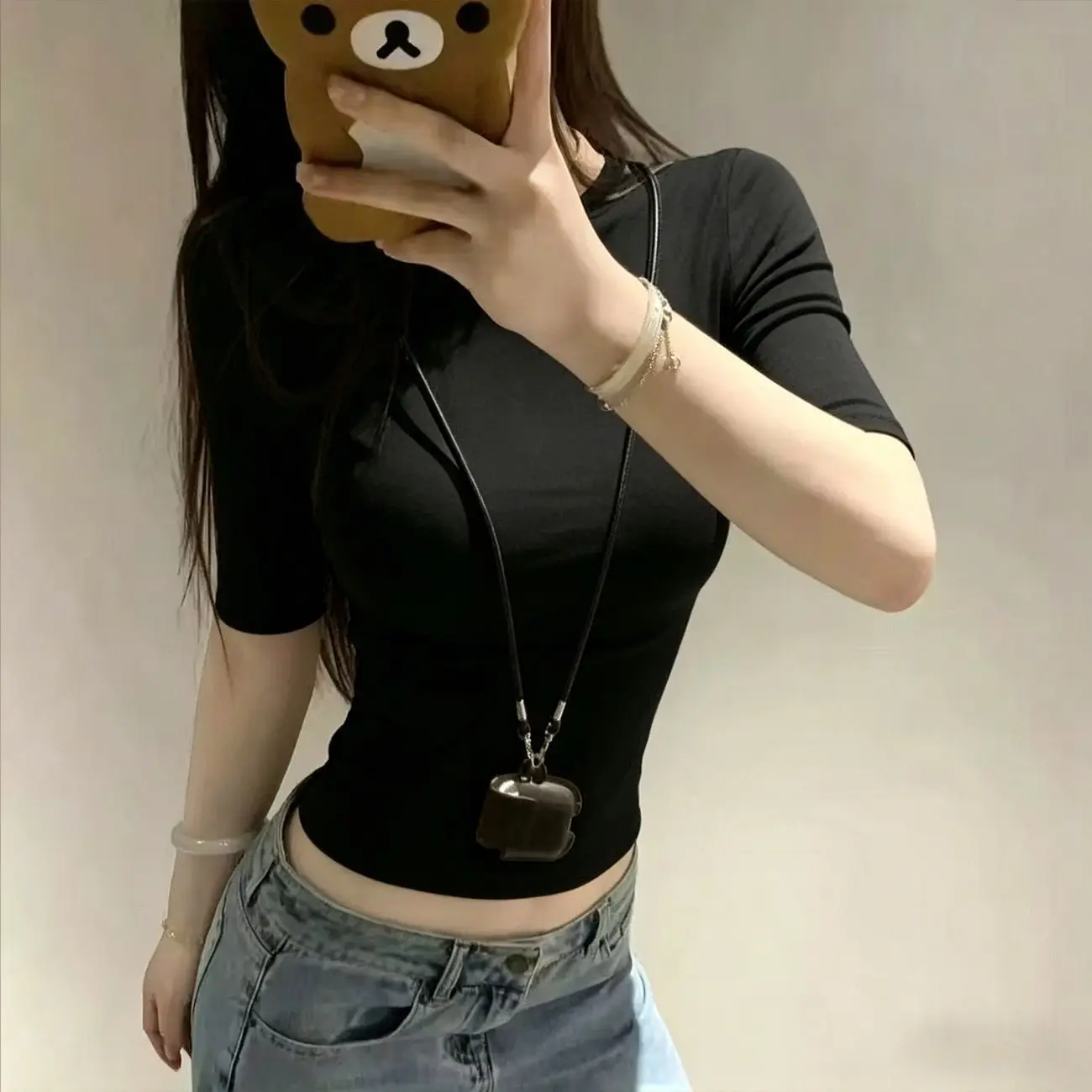 Slim Fit round Neck Five Sleeve T-Shirt Women's Sweet Cool Commute Tight Waist Cut High Quality Short Sleeve Top Korean Style