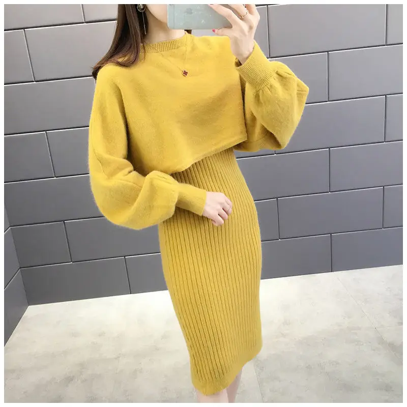 

2023 Autumn and Winter New Women Long-Sleeved Two-Piece Knitted Skirt Slim Fit Comfortable Top Casual All-Matching Sweater