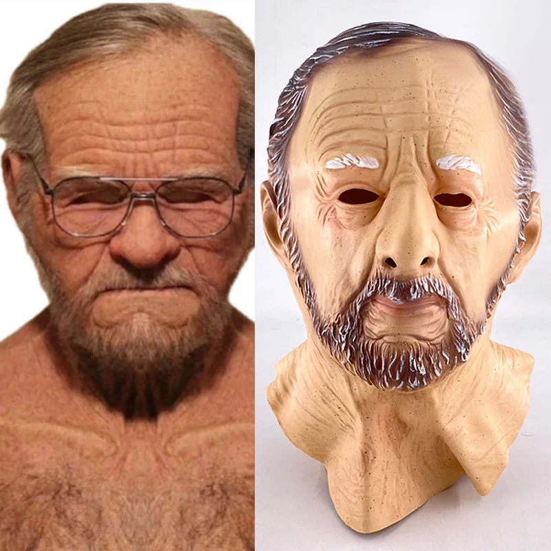 คุณปู่Latexหน้ากากสมจริงOld Man Latexหน้ากากเคราSupersoftสยองขวัญริ้วรอยFaceหมวกคอสเพลย์Real Person Mask
