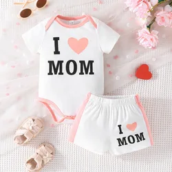 Newborn Clothes Sets Baby Girls I Love Mom Letter Print Short Sleeve O-neck Bodysuit Rompers + Shorts Toddler Casual Clothing