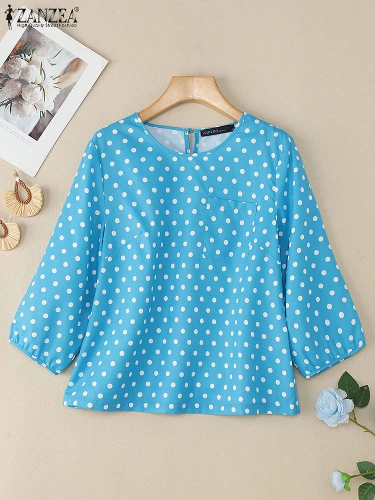 

ZANZEA Women Casual Polka Dot Blouses 2025 Autumn 3/4 Puff Sleeve O-Neck Pocket Blusas Mujer Holiday Everyday Wear Tunic Tops