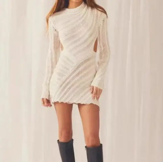 

Autumn New Long Sleeved Round Neck Textured Knitted Dress with Grooves for Women, Elegant and Slim Fit Hollow Out Dress