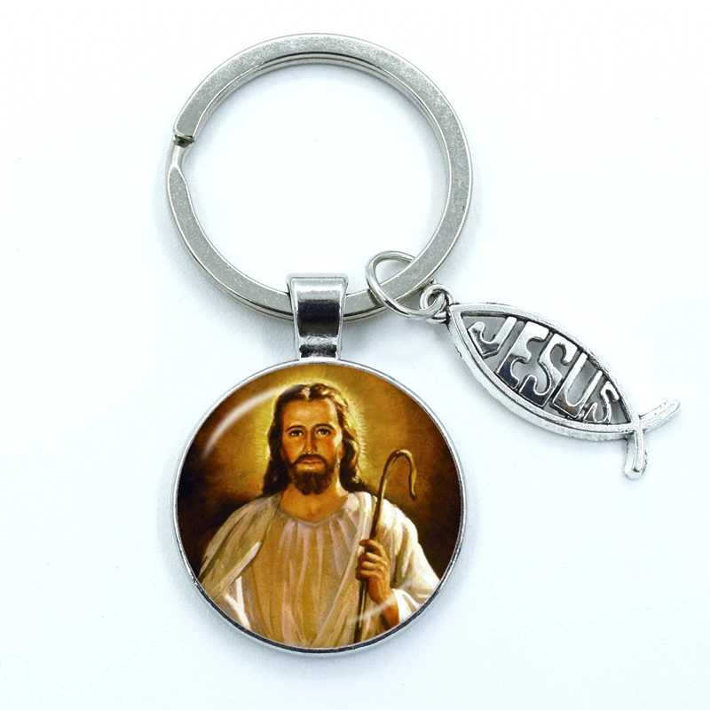 I Love Jesus Symbol Fashion Keychain Holder Handmade Heart Key Chain Glass Cabochon Alloy Pendant Car Key Ring Religion Jewelry