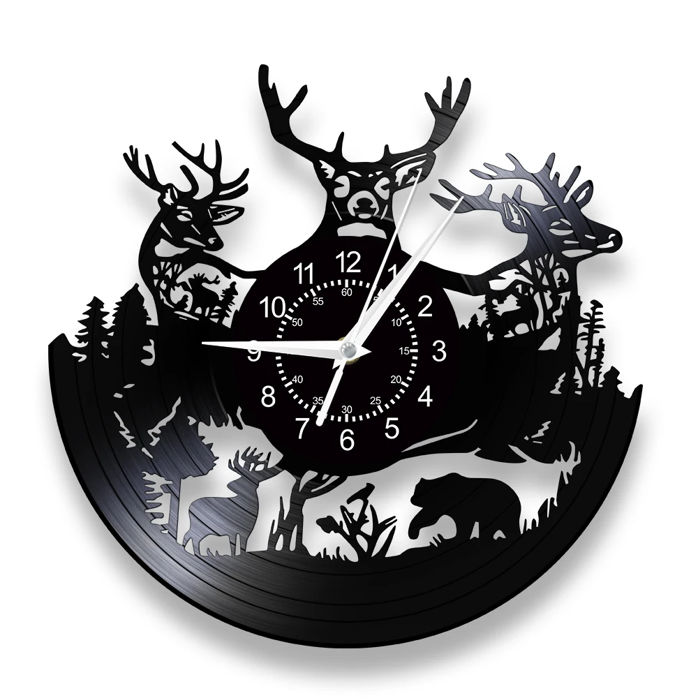 Wild Deer Hunters Man Cave Home Decor Wall Clock Antlers Woodland Deer Vintage Buck Vinyl Record Wall Clock Hunting Gift For Him