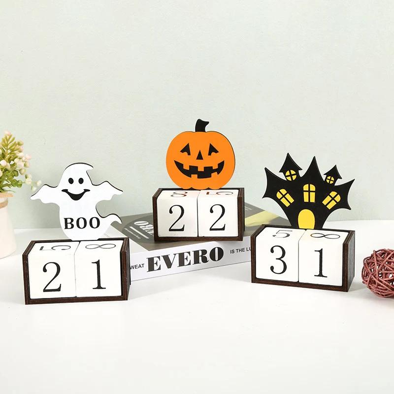 Halloween Advent Calendar Wooden Countdown Date Display Desktop Supply Decorative Ornaments Pumpkin Ghost Design for Home Party