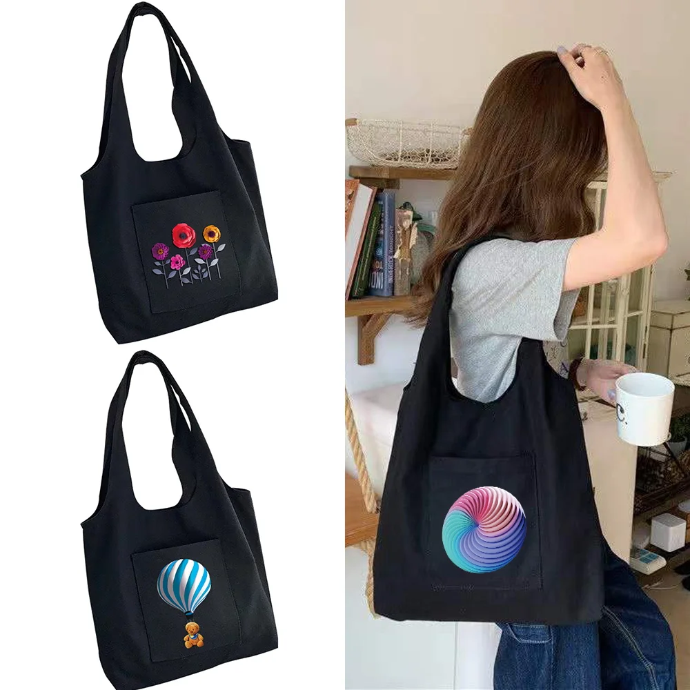 

Ladies Shopping Bag Commuter Shopping Vest Bag Cotton Supermarket Canvas 3D Printing Series Grocery Eco-friendly Tote Bags